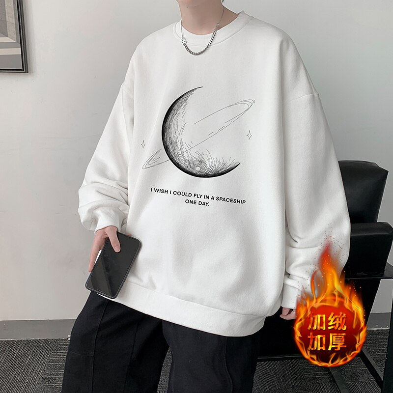 xiangtuibao Winter Warm Sweatshirts New Men Simple Stroke Moon Graphic Pullovers Oversized Korean Style Man Letter Print O Neck Tops