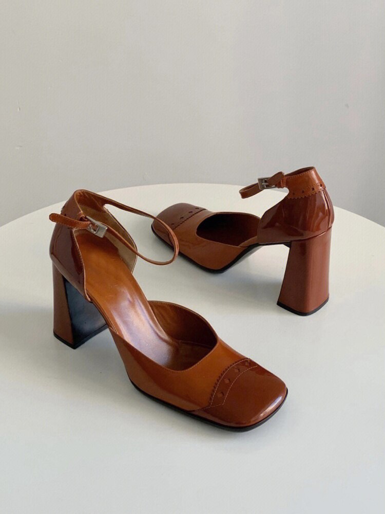 xiangtuibao Retro Mary Jane Chunky Heel Pumps Leather Female Shoes Women's Square Head Shallow Mouth Single Shoes Spring Roman Sandals
