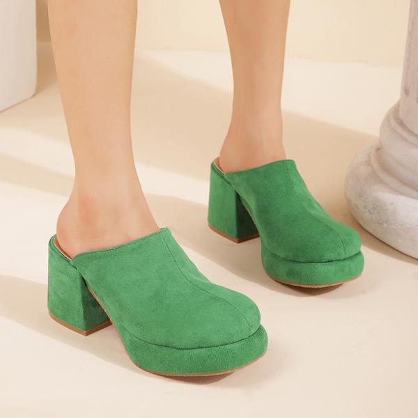 xiangtuibao Shoes Big Size Woman's Slippers Lady Heeled Mules Flock Low Slides Square heel Girl High Block Rome Basic Rubber Fabric Sca