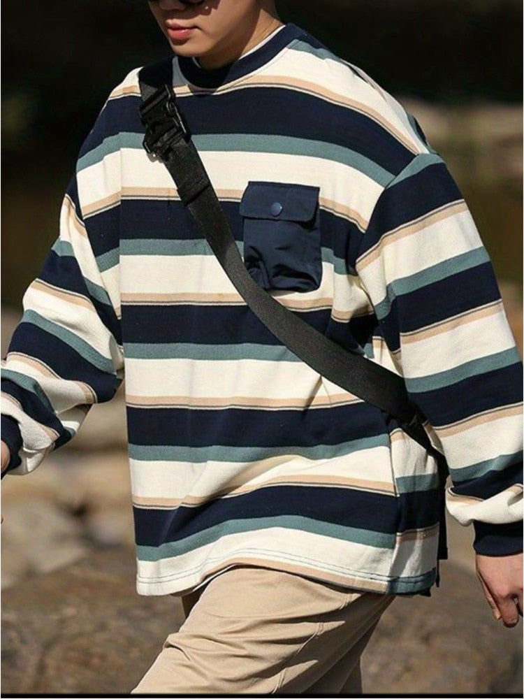 xiangtuibao Spring Autumn Striped Hoodies w/ Pocket Men Women Fashion Long Sleeve Sweatshirt Harajuku Jumper Pullovers Casual Oversized Coat