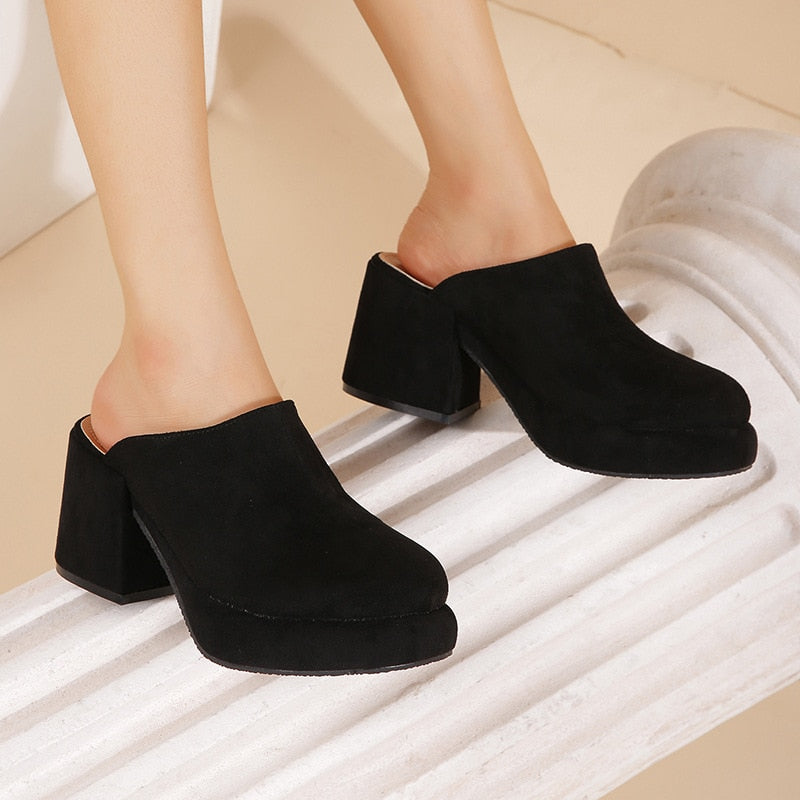xiangtuibao Shoes Big Size Woman's Slippers Lady Heeled Mules Flock Low Slides Square heel Girl High Block Rome Basic Rubber Fabric Sca