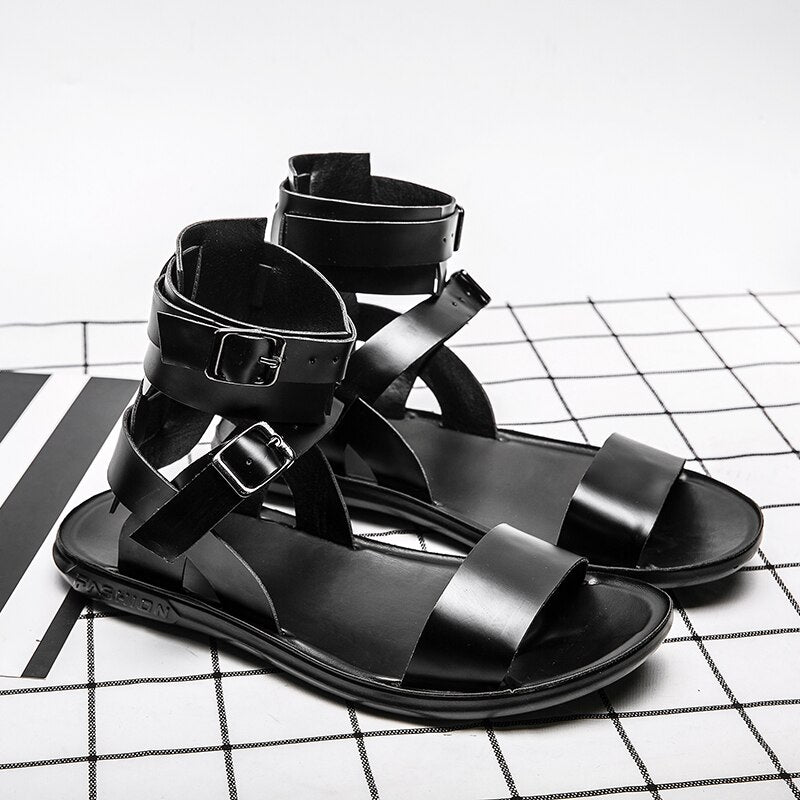 xiangtuibao Sandals for Men Black White Color Pu Leather Classics Casual Beach Designer Sandalias Double Buckle Summer Slippers Light Shoes