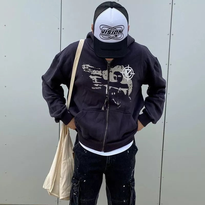 xiangtuibao-New European and American pattern printing zipper hoodie men's Y2K street trend all-match Sweatshirts couple loose cardigan