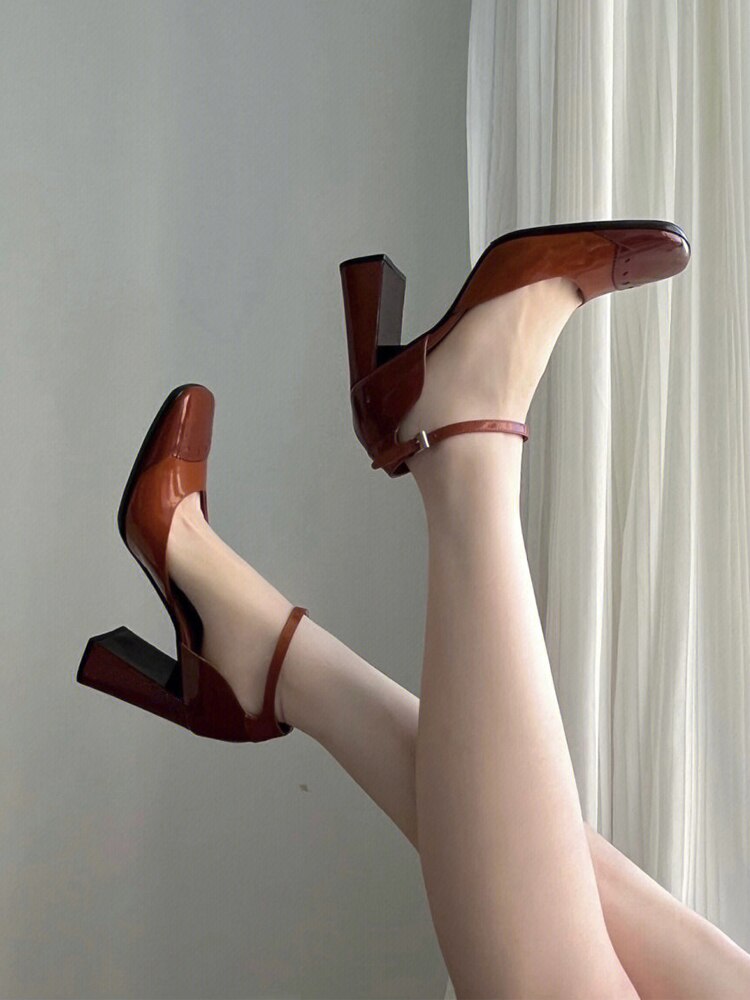 xiangtuibao Retro Mary Jane Chunky Heel Pumps Leather Female Shoes Women's Square Head Shallow Mouth Single Shoes Spring Roman Sandals