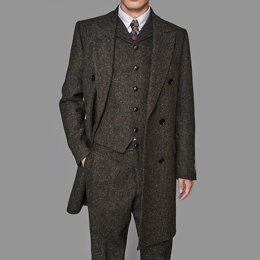 xiangtuibao Winter Herringbone Suits For Men Tailor Made Long Coat Vest Pants 3Pcs Set Formal Casual Tweed Men's Blazer Costume Homme