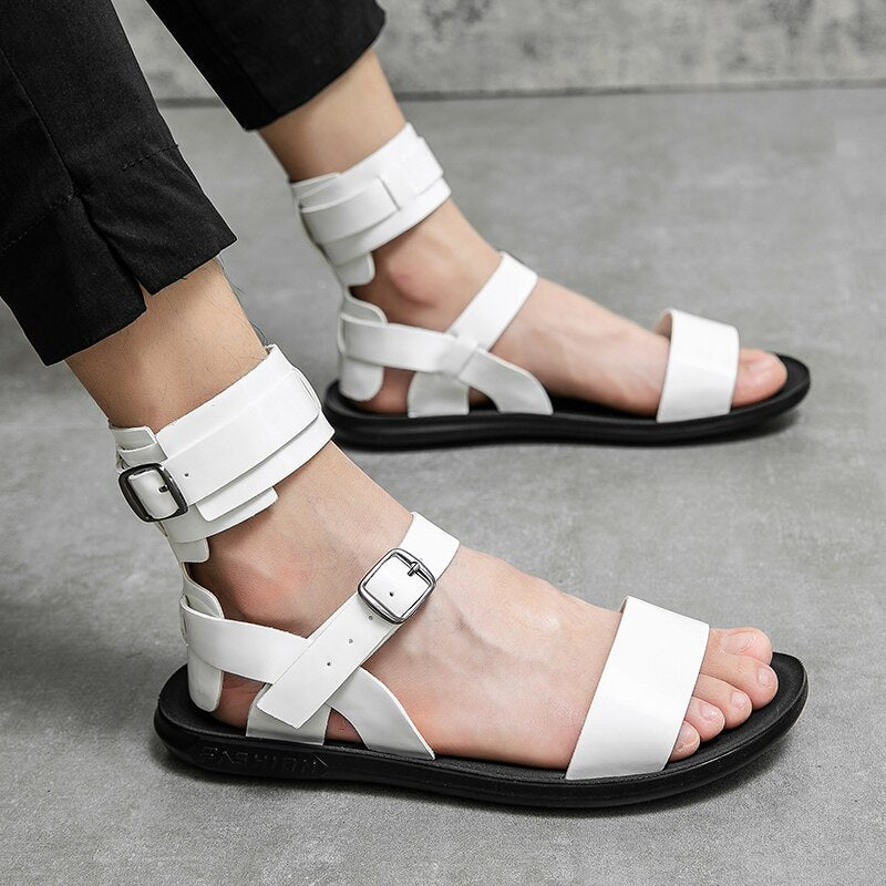 xiangtuibao Sandals for Men Black White Color Pu Leather Classics Casual Beach Designer Sandalias Double Buckle Summer Slippers Light Shoes