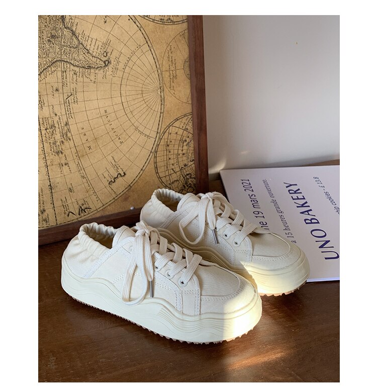 xiangtuibao Beige Casual Women's Sneakers Canvas Shoes Thick Sole Spring Autumn Lace Up Flats Sneakers Chunky Shoes Sports Female NEW