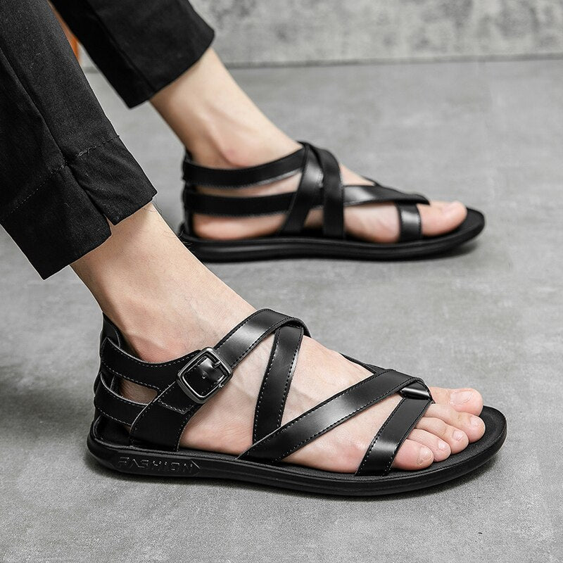 xiangtuibao Sandals for Men Black White Color Pu Leather Classics Casual Beach Designer Sandalias Double Buckle Summer Slippers Light Shoes