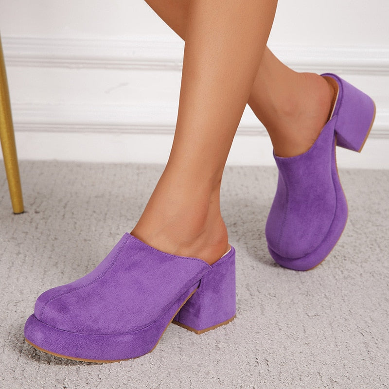 xiangtuibao Shoes Big Size Woman's Slippers Lady Heeled Mules Flock Low Slides Square heel Girl High Block Rome Basic Rubber Fabric Sca