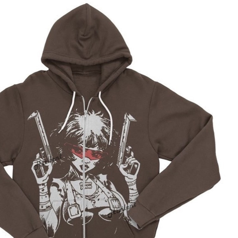 xiangtuibao-New European and American pattern printing zipper hoodie men's Y2K street trend all-match Sweatshirts couple loose cardigan