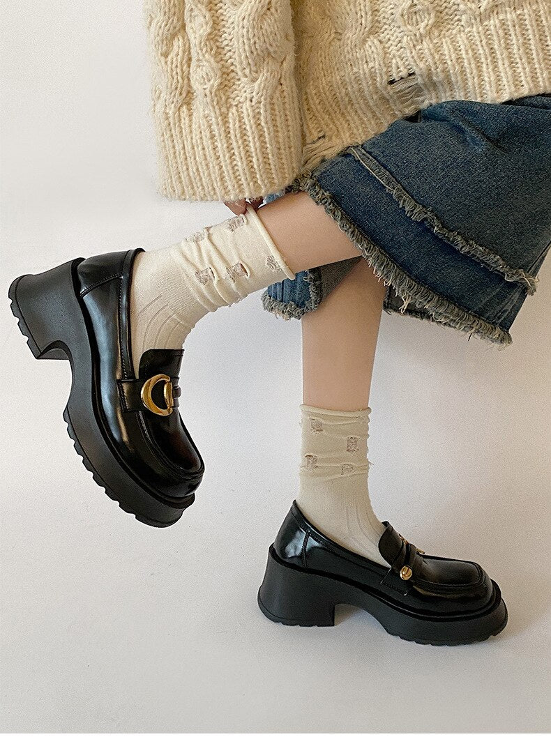 xiangtuibao Retro black round toe thick heel leather shoes for women new spring versatile British style Lefu shoes single shoes