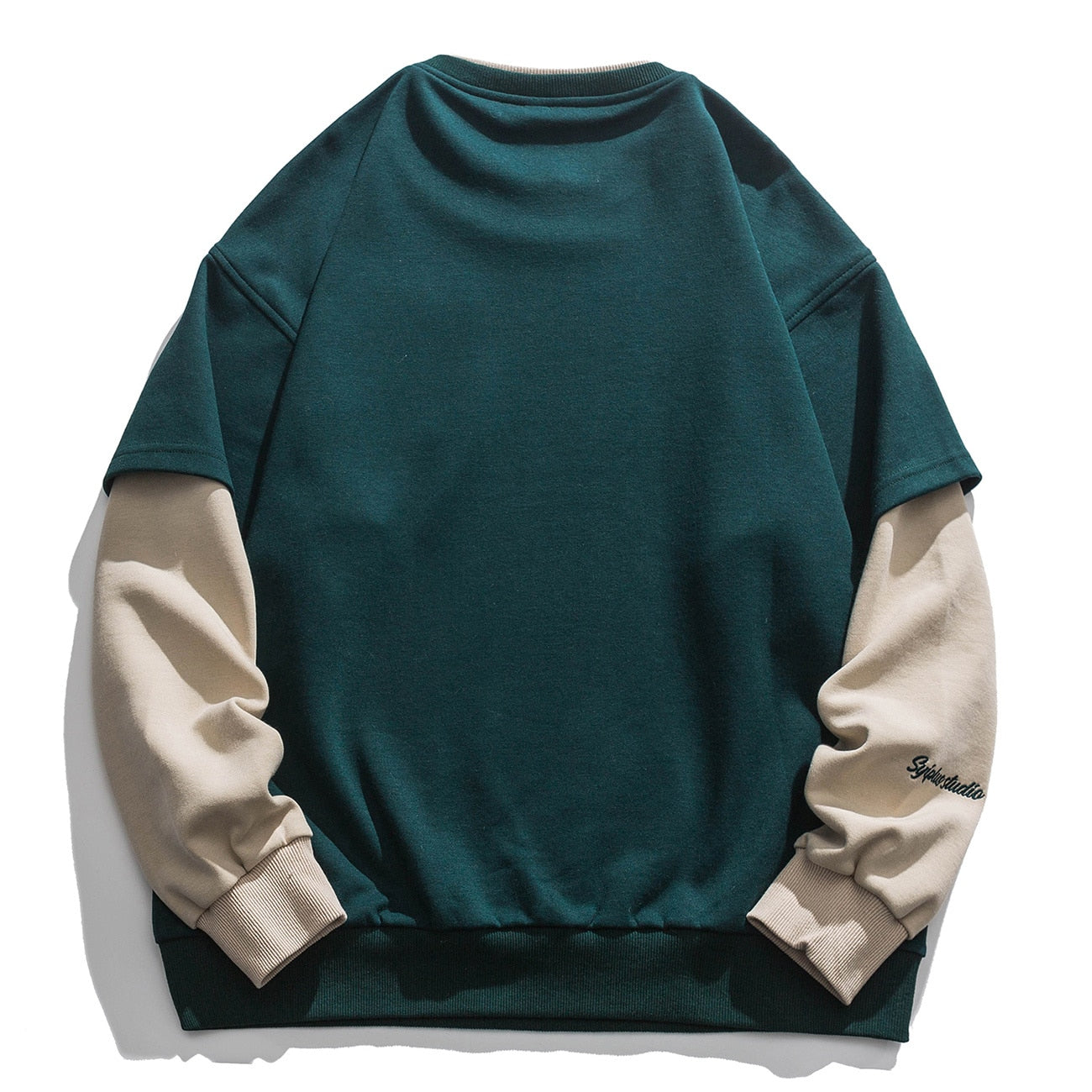 xiangtuibao Vintage Flocked Letter Fake Two Patchwork Hoodie Pullover Harajuku Sweatshirts Men Hip Hop Streetwear Loose Casual Tops