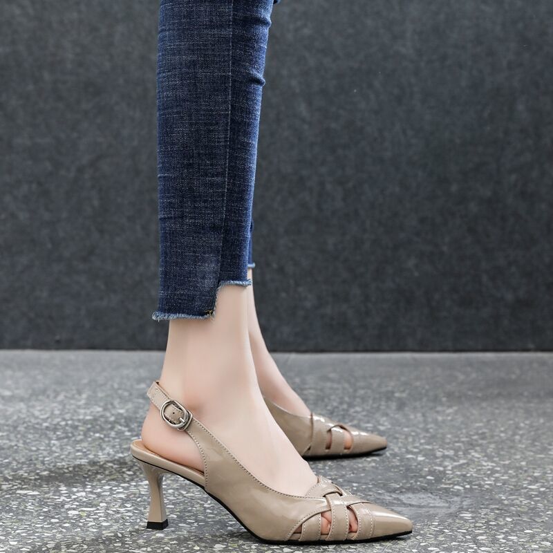 FHANCHU New Women High Heeled Sandals,Hollow out Soft Leather Summer Shoes,Ankle Strap,Pointed Toe,Beige,Apricot,Dropship