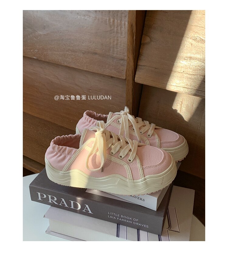 xiangtuibao Beige Casual Women's Sneakers Canvas Shoes Thick Sole Spring Autumn Lace Up Flats Sneakers Chunky Shoes Sports Female NEW