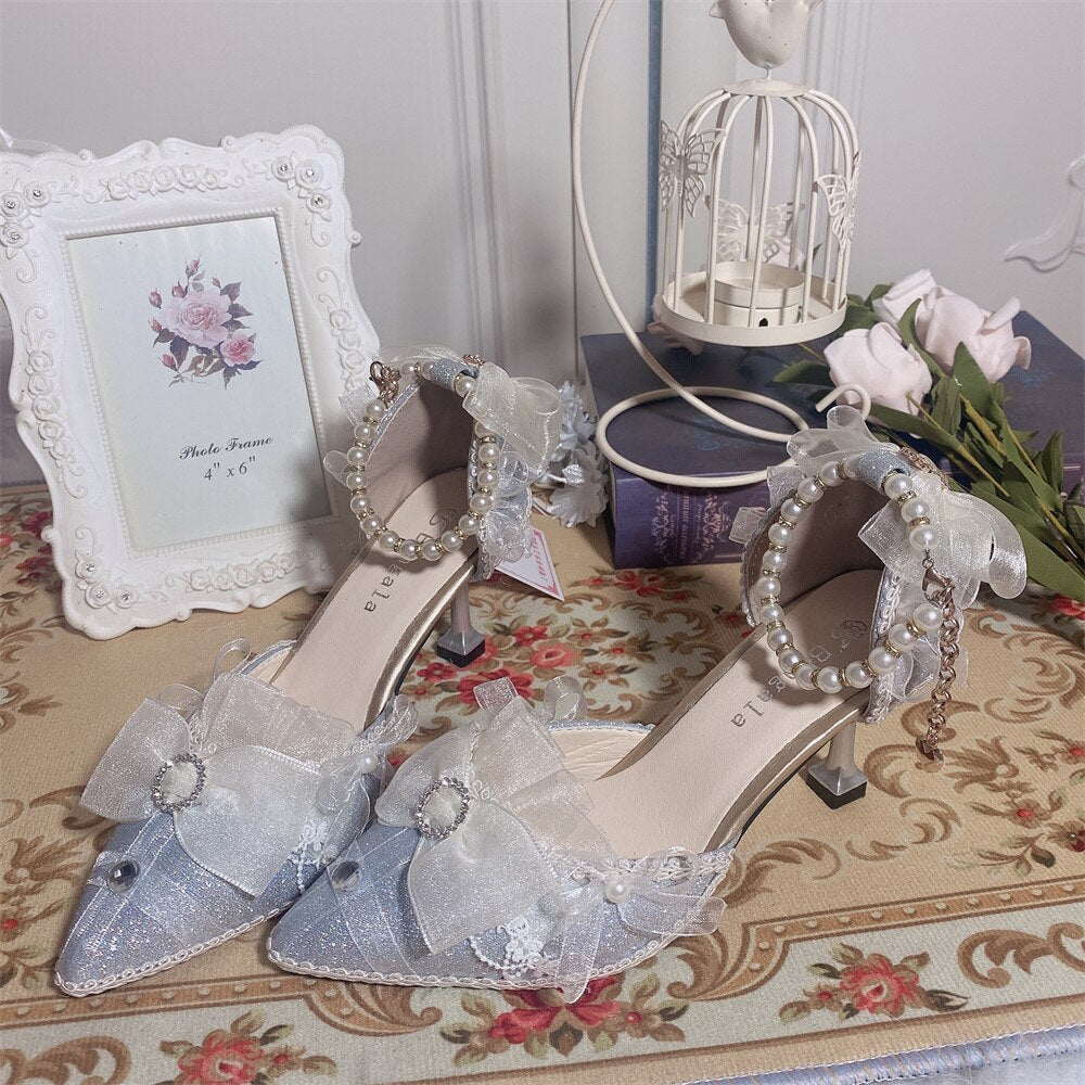 xiangtuibao Pearl Chain Sweet Lace Bowknot Elegant Princess Pointed Sandals Lolita Shoes Silver Wedding Tea Party Cosplay Lolita Shoes