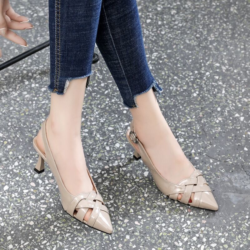 FHANCHU New Women High Heeled Sandals,Hollow out Soft Leather Summer Shoes,Ankle Strap,Pointed Toe,Beige,Apricot,Dropship
