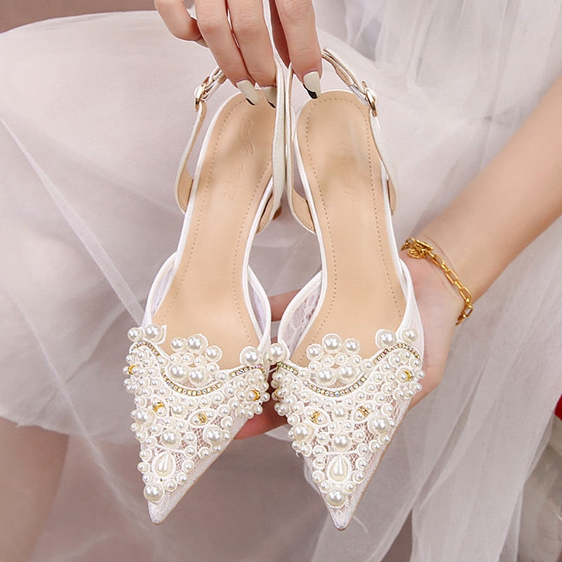 White Lace Pearl Wedding Pumps Heels Shoes for Women Crystal Luxury Pumps Elegant 9 Cm High Heels Sandals Comfy Bridal Shoe