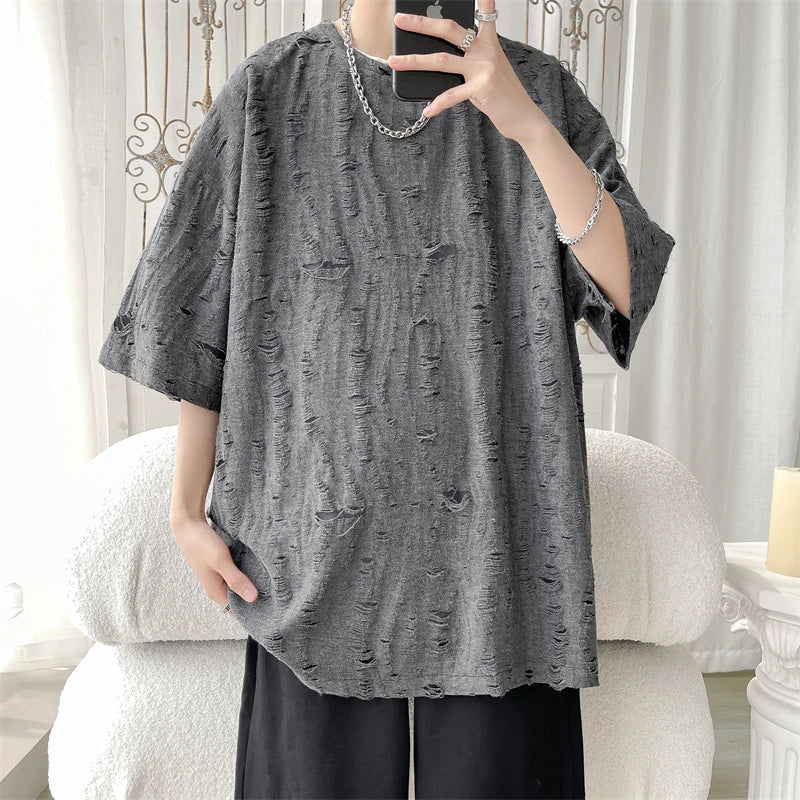 xiangtuibao Summer Chic Fashion Casual Holes Short Sleeve T-Shirts For Men Clothing O-Neck Loose Casual Tee Shirt Homme Streetwear