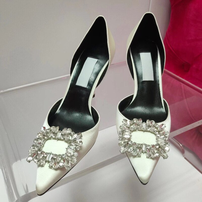 xiangtuibao Summer Square Buckle Rhinestone High-heeled Women's Sandals Fashion Pointed Toe Stiletto Women's Wedding Shoes