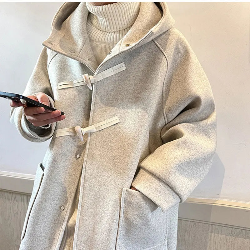 xiangtuibao Winter Men Coats Women Solid Hooded Long Jacket with Cowhorn New Korean Casual Loose Coat Fashion Male Clothing for Unisex
