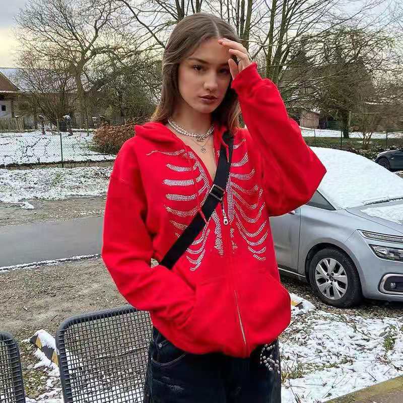 xiangtuibao Y2k Women Gothic zipper hoodie Sweatshirt women and men bulk items wholesale lots tops red couple trend Harajuku punk clothing