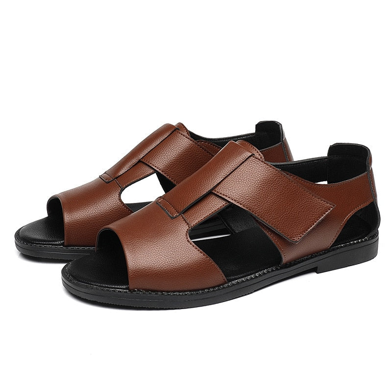 xiangtuibao Summer Genuine Leather Shoes Men Sandals Holiday Shoes Flat Cow Leather Mens Beach Sandals Male Footwear Black A4390