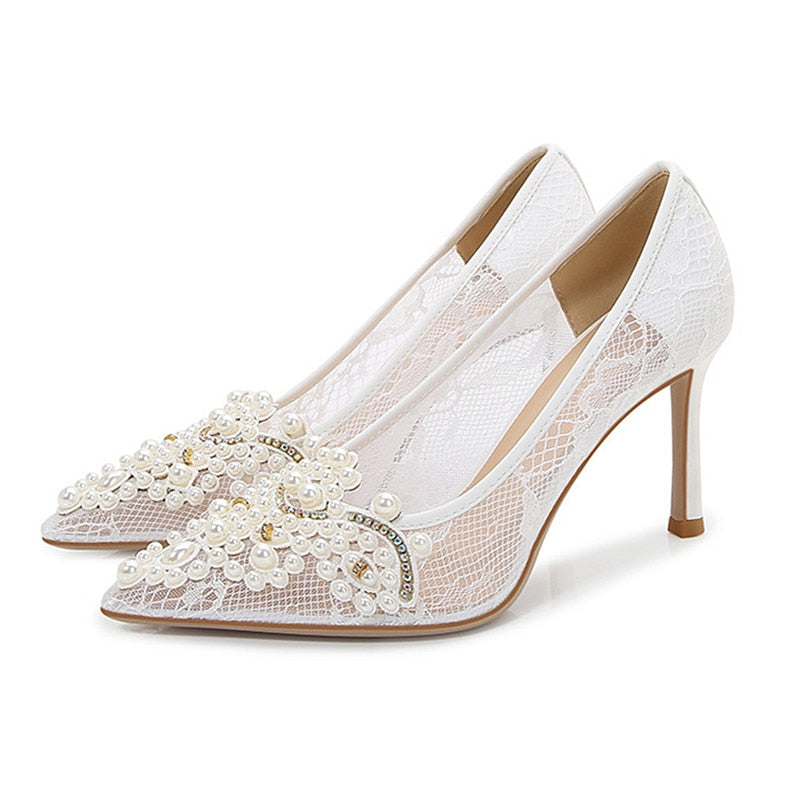 White Lace Pearl Wedding Pumps Heels Shoes for Women Crystal Luxury Pumps Elegant 9 Cm High Heels Sandals Comfy Bridal Shoe