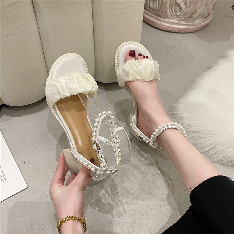 xiangtuibao Sandals White bow Pearl Rhinestone Bow Ribbon Sweety Princess Style Lower Square Heels Short Fat Heels