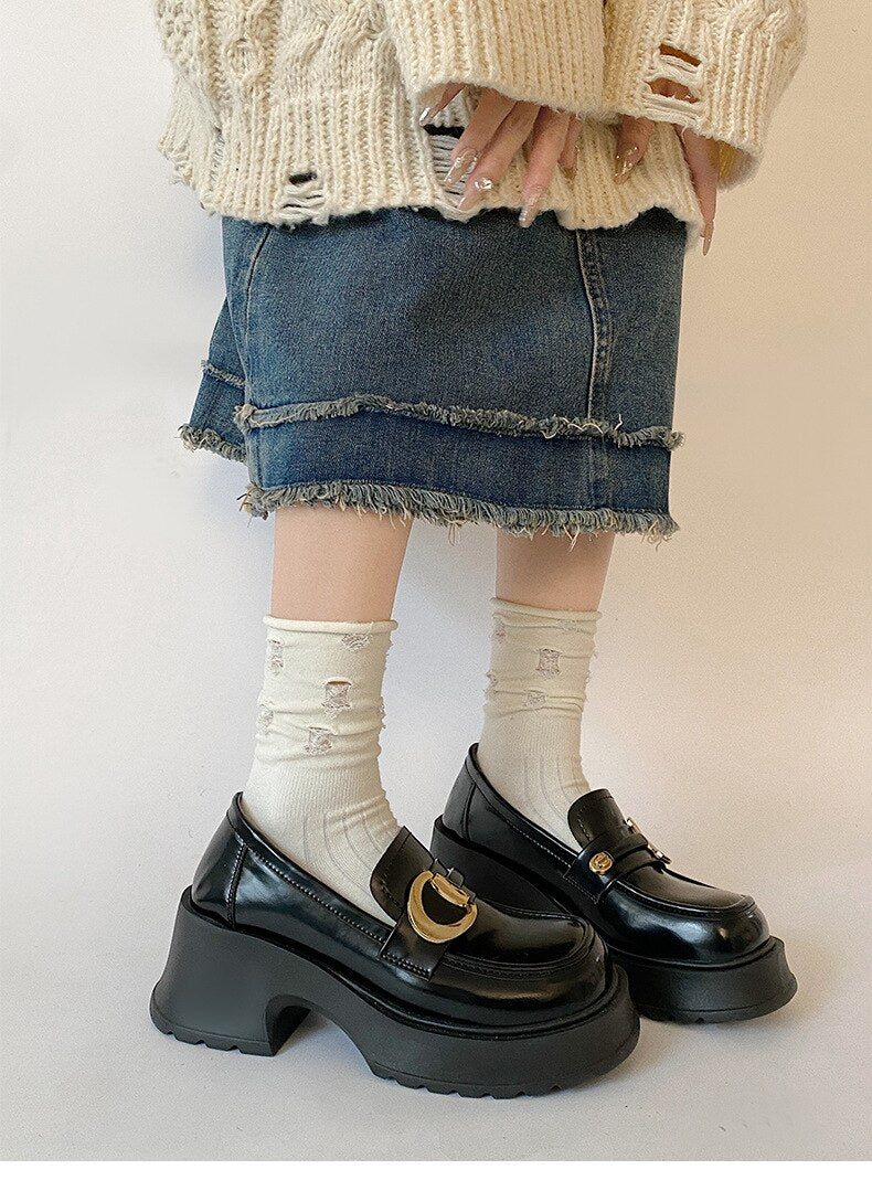 xiangtuibao Retro black round toe thick heel leather shoes for women new spring versatile British style Lefu shoes single shoes