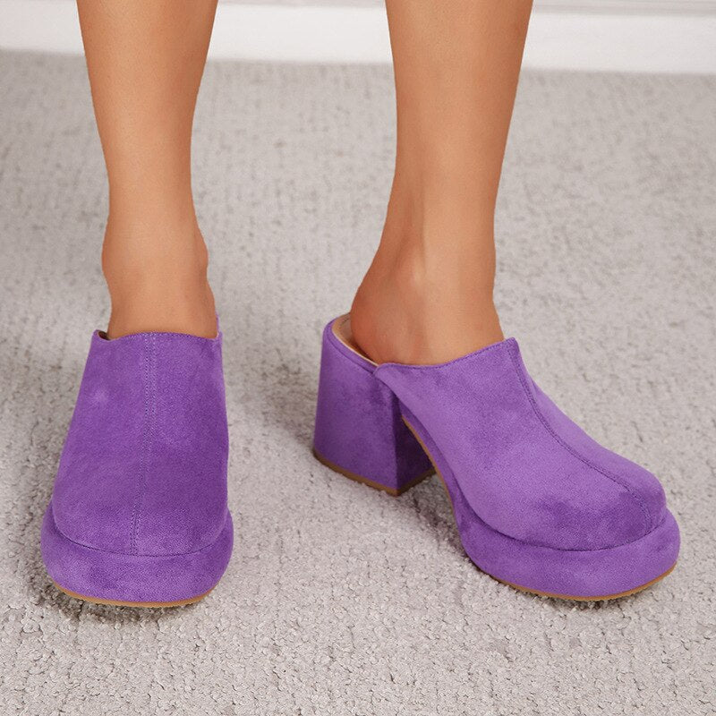 xiangtuibao Shoes Big Size Woman's Slippers Lady Heeled Mules Flock Low Slides Square heel Girl High Block Rome Basic Rubber Fabric Sca