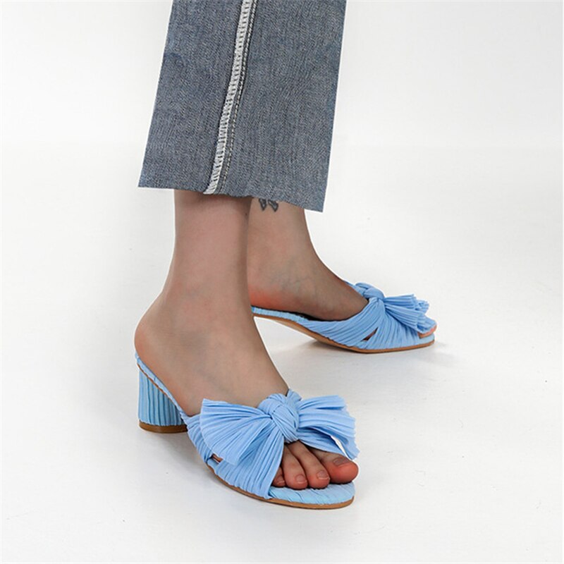 xiangtuibao Silver Women Slippers Bowknot Design Chunky High Heels Gladiator Sandals Dress Pumps Summer Outside Mules Ladies Beach Slides