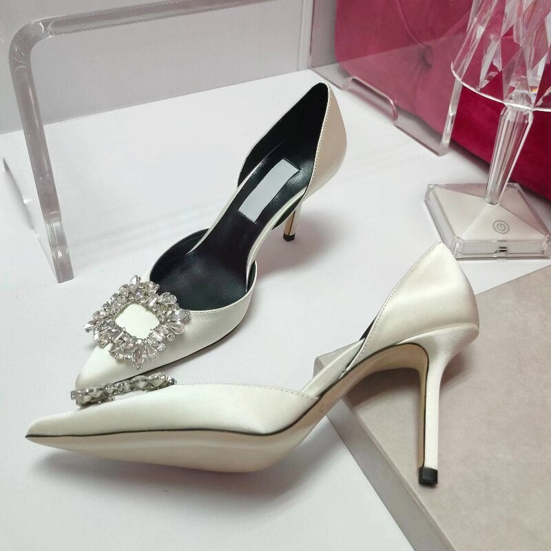 xiangtuibao Summer Square Buckle Rhinestone High-heeled Women's Sandals Fashion Pointed Toe Stiletto Women's Wedding Shoes