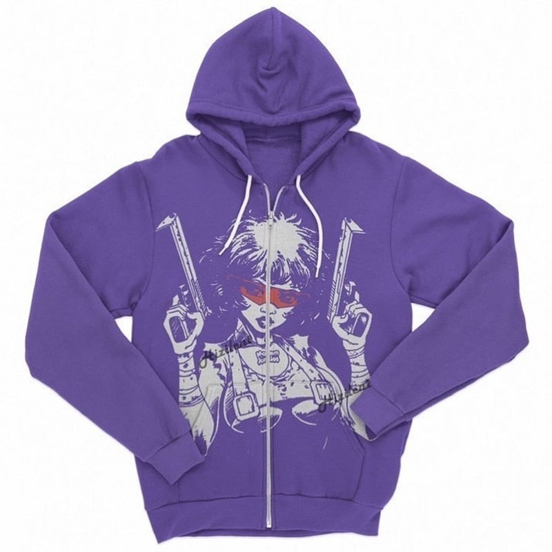 xiangtuibao-New European and American pattern printing zipper hoodie men's Y2K street trend all-match Sweatshirts couple loose cardigan