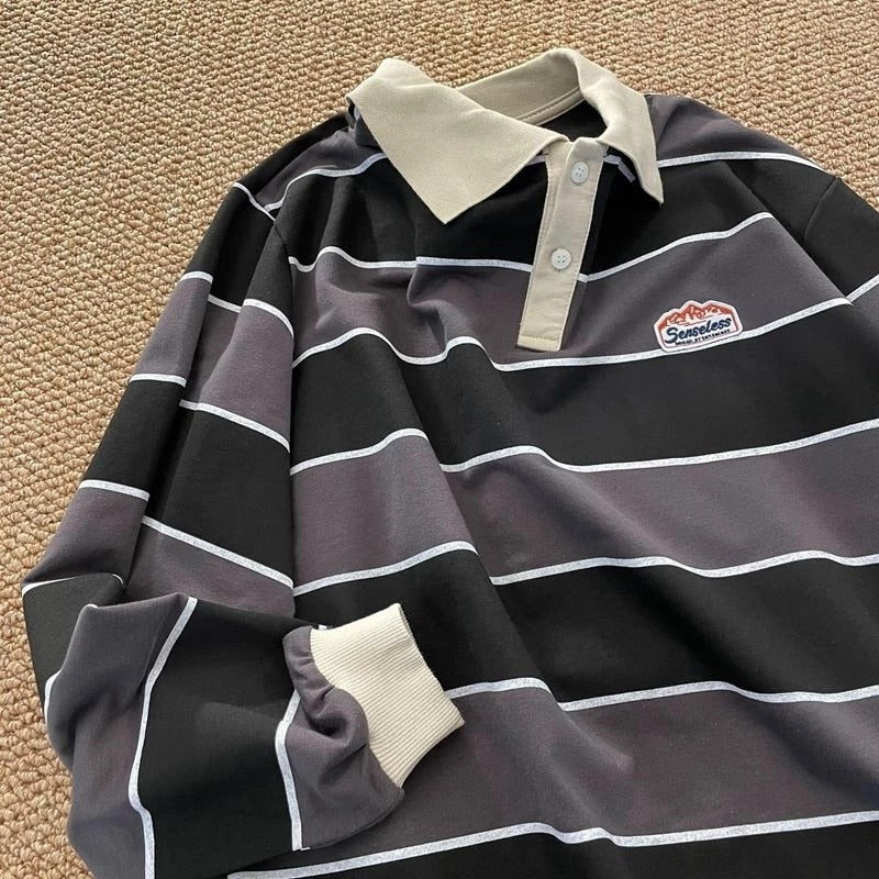 xiangtuibao New Striped POLO Shirt Top Women Japan Retro Long-sleeved Men Loose Trend Couple BF Lapel Sweatshirt Hip Hop Cool Shirts