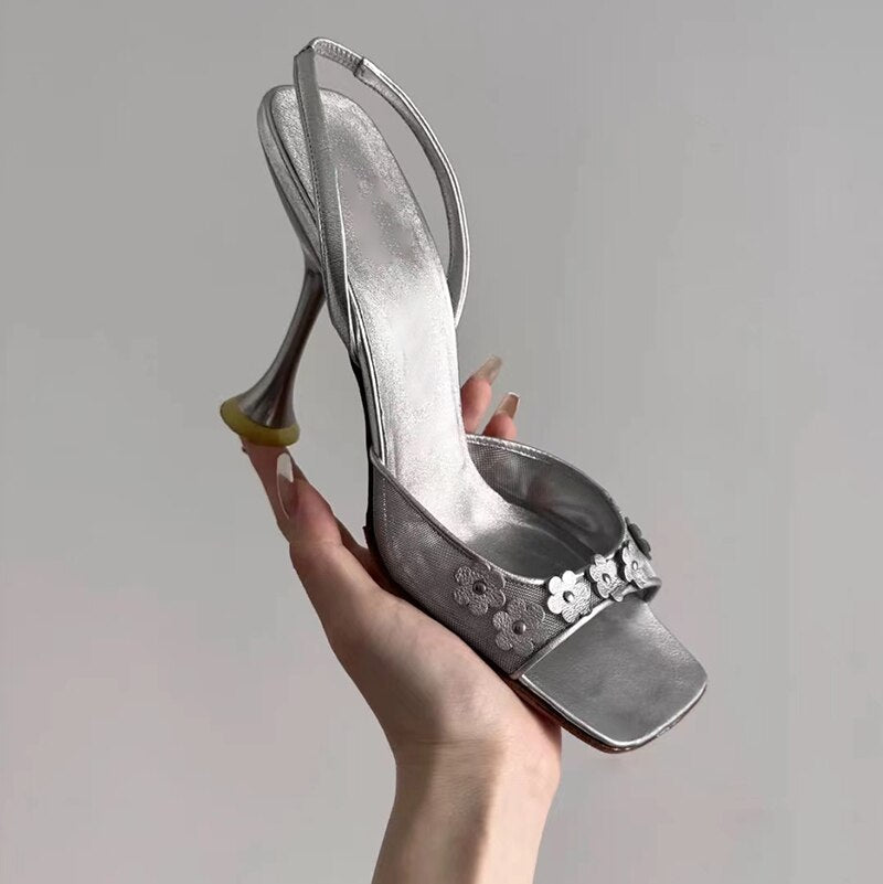 xiangtuibao Retro Design Floral Stilettos Summer New Square Head Sexy Open Toe Sandals Women's Silver Elegant Shallow Mouth Hight heels