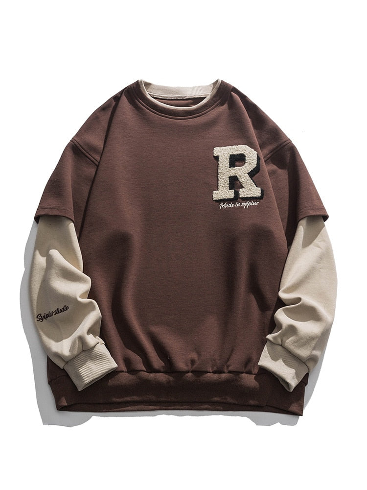 xiangtuibao Vintage Flocked Letter Fake Two Patchwork Hoodie Pullover Harajuku Sweatshirts Men Hip Hop Streetwear Loose Casual Tops