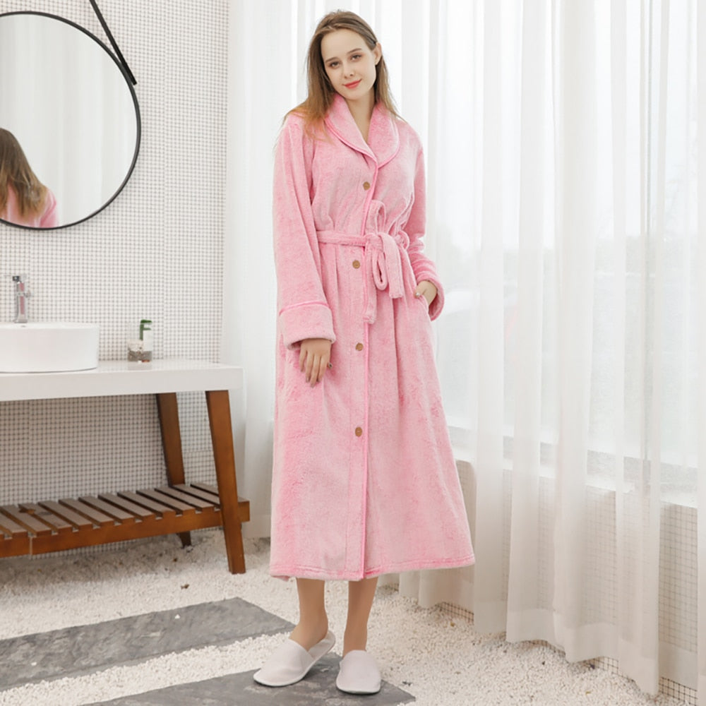 xiangtuibao Winter Warm Flannel Buttons Bathrobe Female Hooded Loose Lengthen Thicken Solid Robes For Pregnant Woman Couples Night Dress 3XL