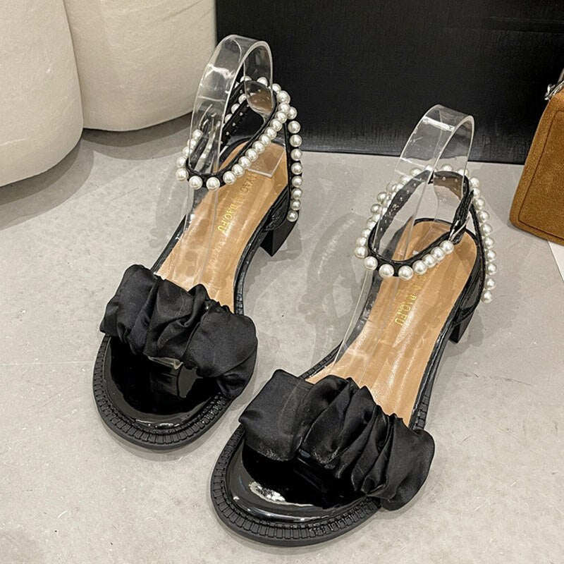 xiangtuibao Sandals White bow Pearl Rhinestone Bow Ribbon Sweety Princess Style Lower Square Heels Short Fat Heels