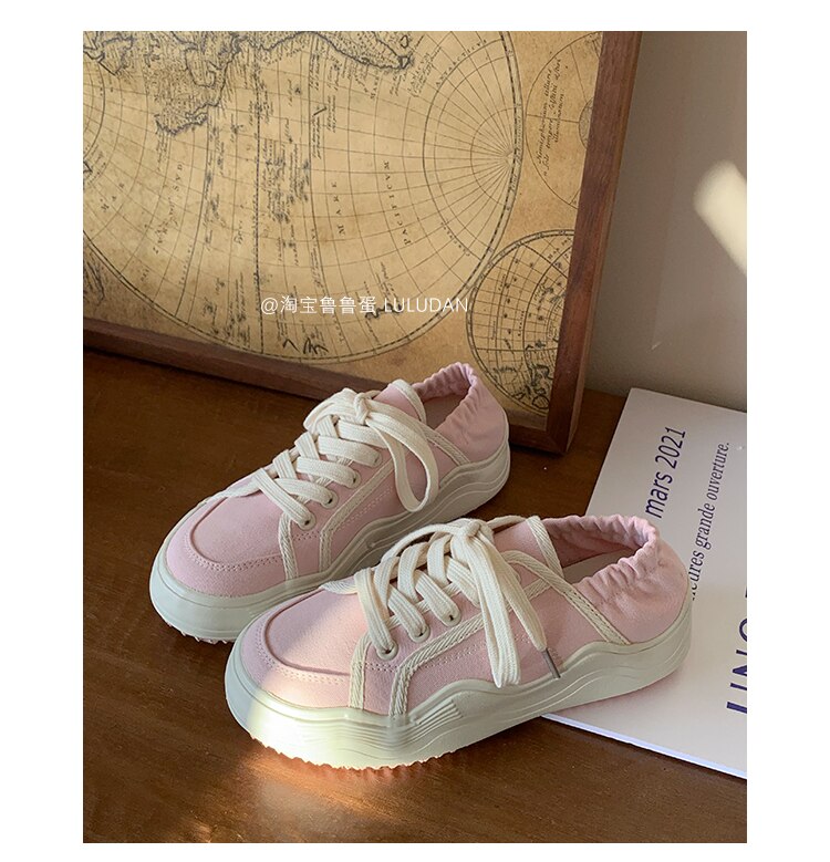 xiangtuibao Beige Casual Women's Sneakers Canvas Shoes Thick Sole Spring Autumn Lace Up Flats Sneakers Chunky Shoes Sports Female NEW