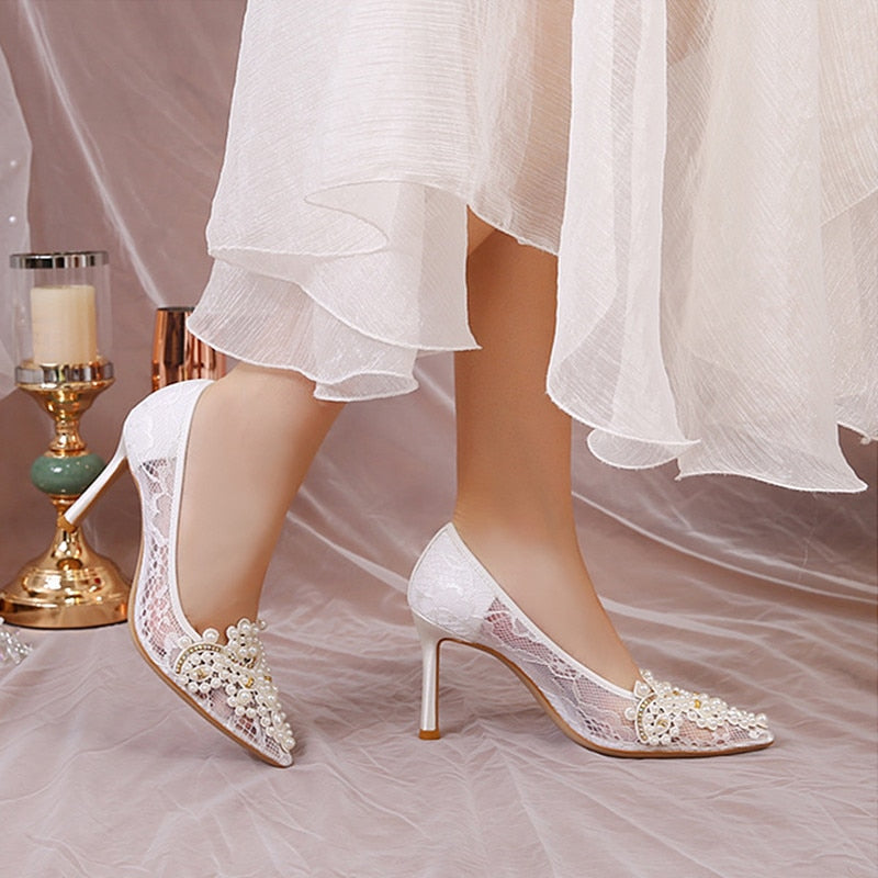 White Lace Pearl Wedding Pumps Heels Shoes for Women Crystal Luxury Pumps Elegant 9 Cm High Heels Sandals Comfy Bridal Shoe