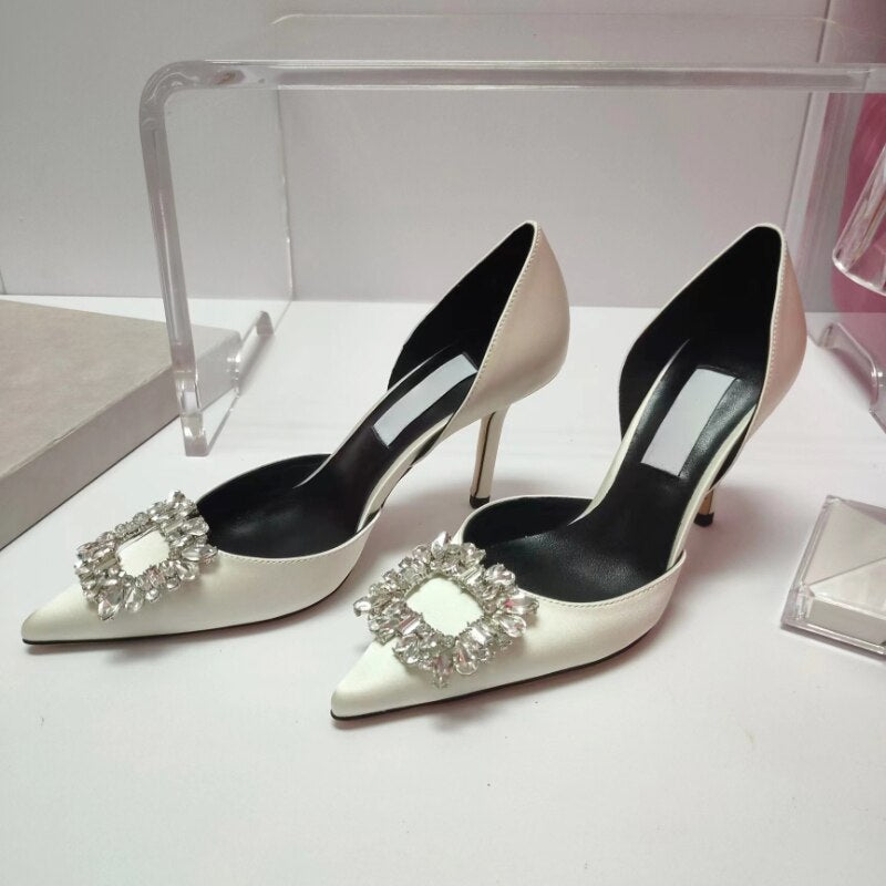 xiangtuibao Summer Square Buckle Rhinestone High-heeled Women's Sandals Fashion Pointed Toe Stiletto Women's Wedding Shoes