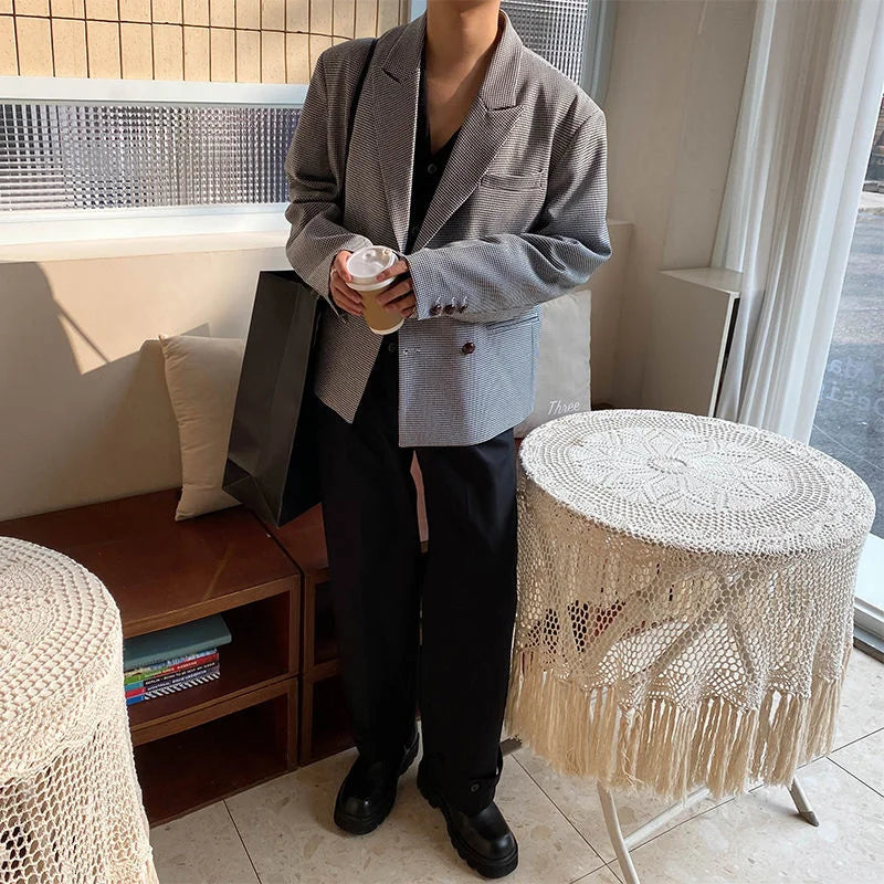 xiangtuibao - New Spring Korean Men's Suit Jacket Exquisite Double Breasted Plaid Casual Lapel Stylish Urban Blazers Masculino Y9709