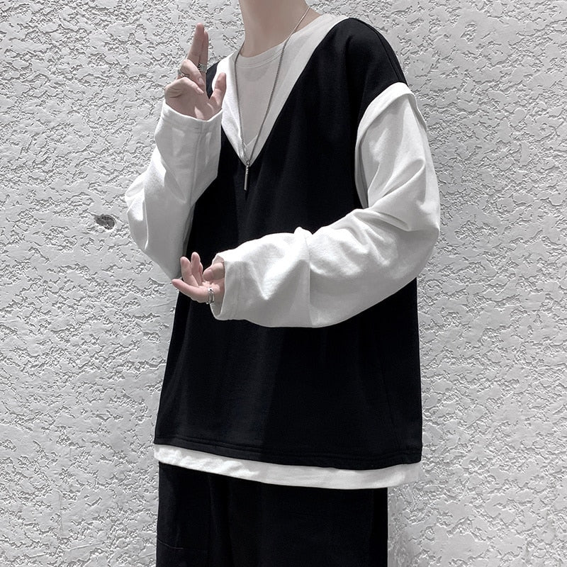 xiangtuibao Spring Cotton Hoodie Men Fashion Fake Two Piece Sweatshirt Men Streetwear Korean Loose Hip Hop Pullover Hoodies Mens Hoody M-5XL
