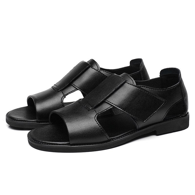 xiangtuibao Summer Genuine Leather Shoes Men Sandals Holiday Shoes Flat Cow Leather Mens Beach Sandals Male Footwear Black A4390