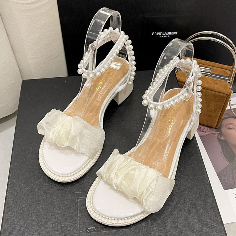 xiangtuibao Sandals White bow Pearl Rhinestone Bow Ribbon Sweety Princess Style Lower Square Heels Short Fat Heels