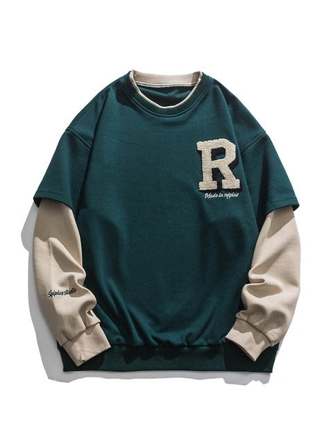 xiangtuibao Vintage Flocked Letter Fake Two Patchwork Hoodie Pullover Harajuku Sweatshirts Men Hip Hop Streetwear Loose Casual Tops