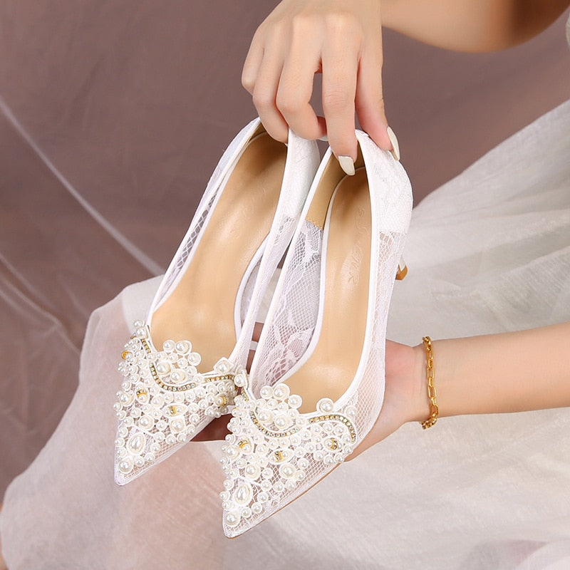 White Lace Pearl Wedding Pumps Heels Shoes for Women Crystal Luxury Pumps Elegant 9 Cm High Heels Sandals Comfy Bridal Shoe
