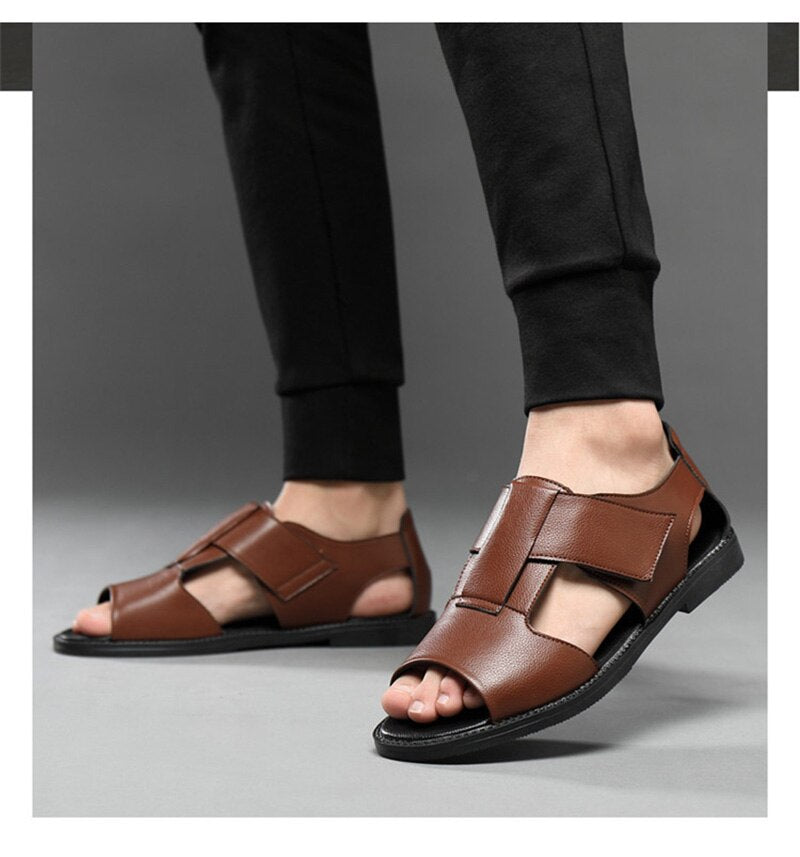 xiangtuibao Summer Genuine Leather Shoes Men Sandals Holiday Shoes Flat Cow Leather Mens Beach Sandals Male Footwear Black A4390