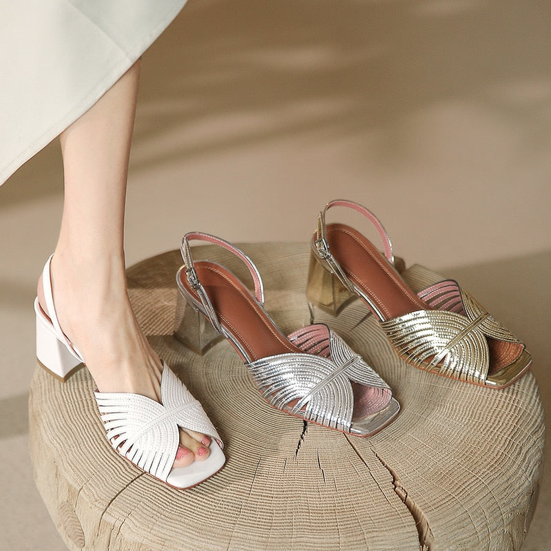 xiangtuibao NEW Summer Women Shoes Square Toe Thin Heel Women Sandals Cow Leather High Heels Solid Party Shoes Lattice Cloth Shoes for Women