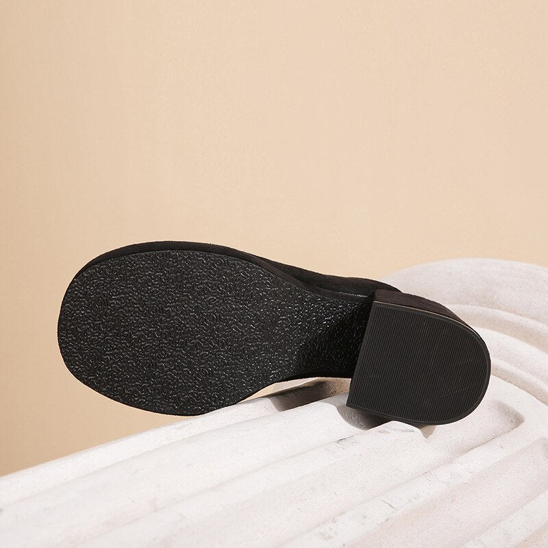 xiangtuibao Shoes Big Size Woman's Slippers Lady Heeled Mules Flock Low Slides Square heel Girl High Block Rome Basic Rubber Fabric Sca